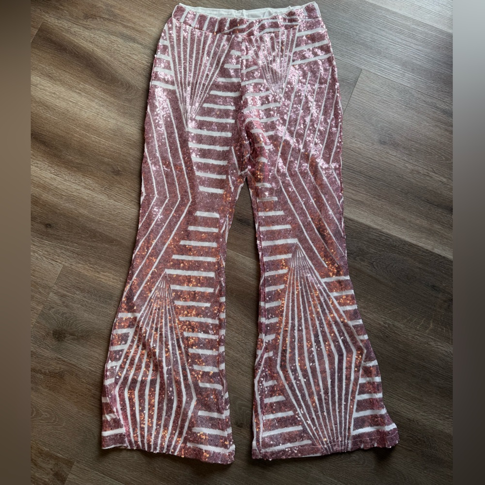 Glamorous Pink Sequin Pants with White Stripes